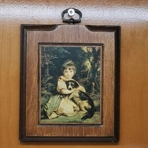 Vintage Wooden Framed Art with Girl and Dog